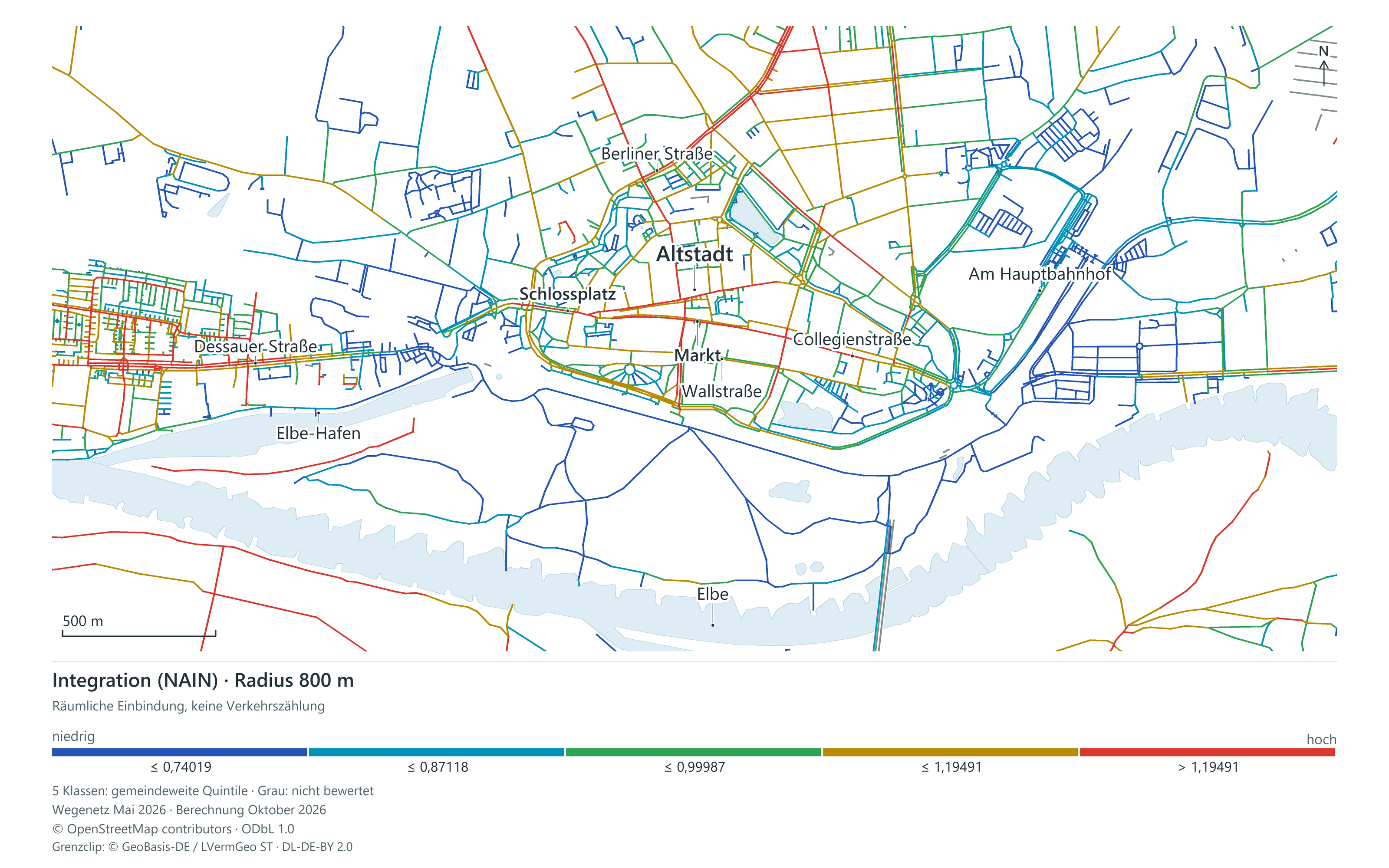 Wittenberger Altstadt und Elbe: Wegenetz nach räumlicher Einbindung im Radius von 800 Metern eingefärbt.