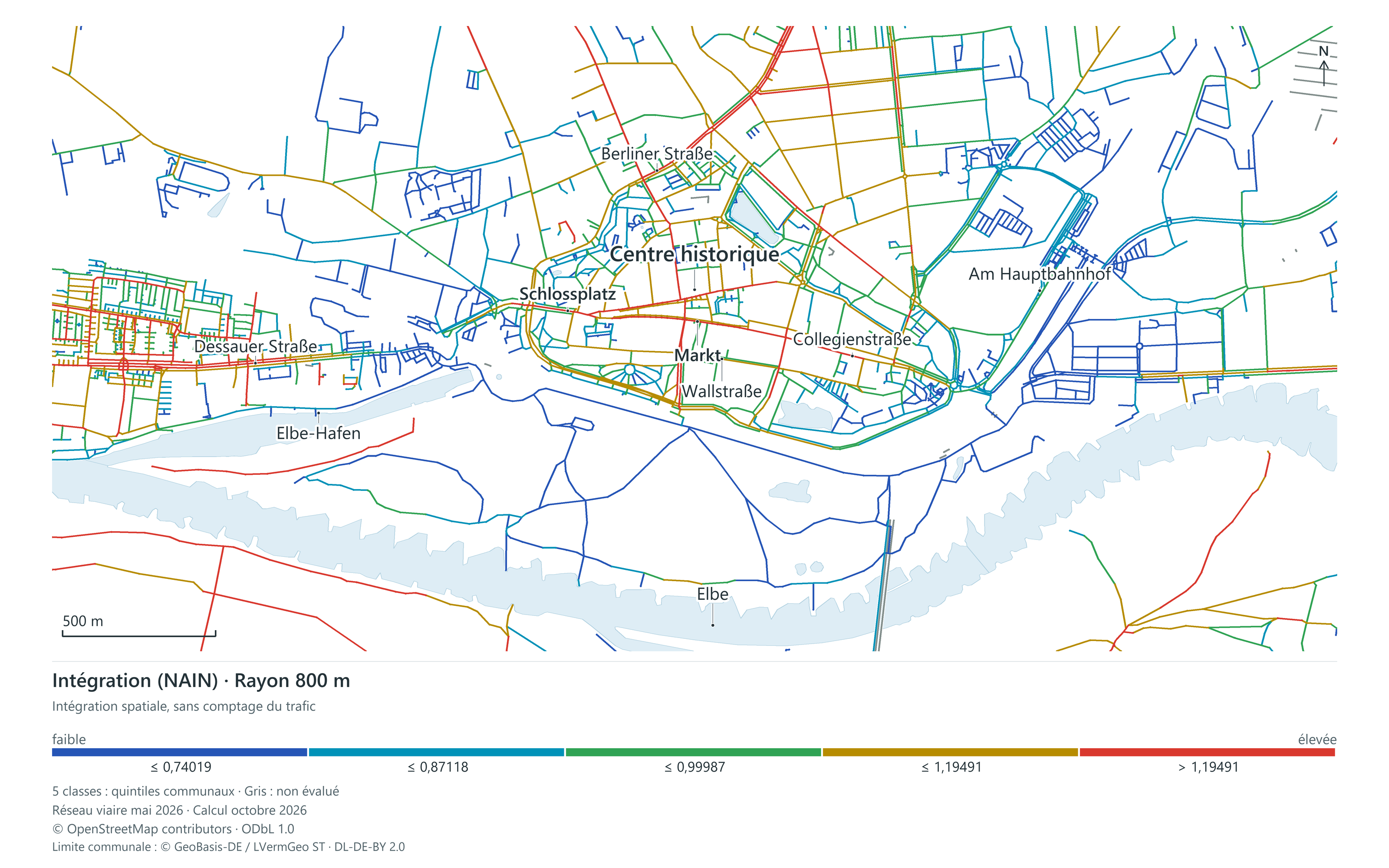 Centre historique de Wittenberg et Elbe : réseau viaire coloré selon l’intégration spatiale dans un rayon de 800 mètres.