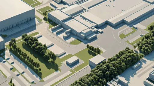Visualización aérea de las naves y los espacios de acceso de la ampliación de la fábrica Coca-Cola en Halle (Saale)