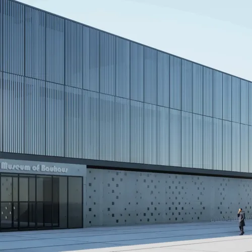 Visualización MGA: perspectiva del proyecto de concurso para el Museo Bauhaus, con fachada articulada y entrada.