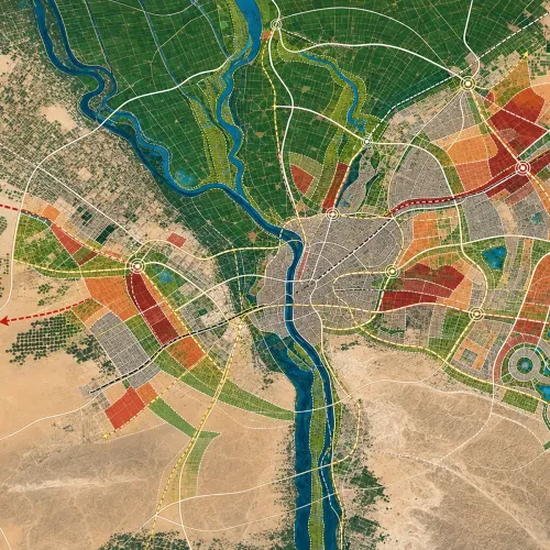 Plano conceptual de El Cairo con un río, zonas diferenciadas por colores y una red de líneas.