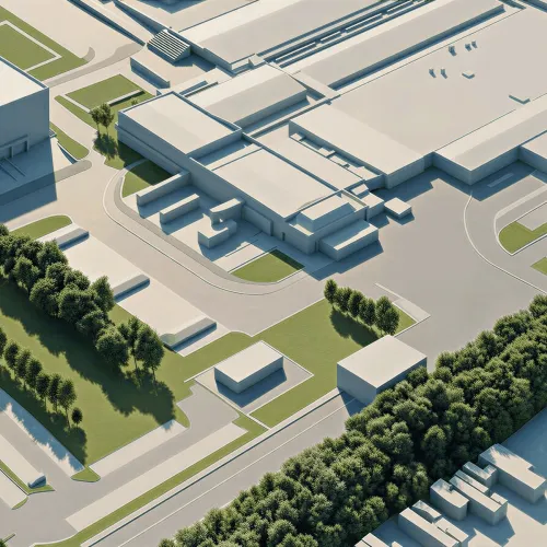 Visualización aérea de las naves y los accesos de la ampliación de la planta de Coca-Cola en Halle (Saale)
