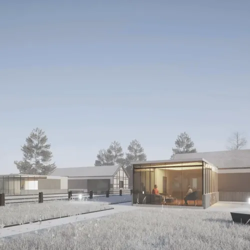 Visualización del proyecto Holzmarkt con una vivienda y zona de estar acristalada