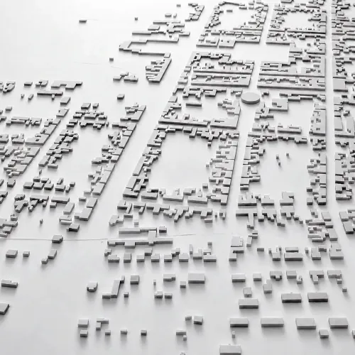 Vista aérea de la maqueta urbana del plan director de Oranienbaum.