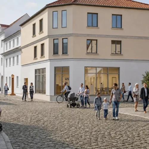 Visualización del proyecto Forum Alte Canzley en Schlossplatz, con personas en el espacio público