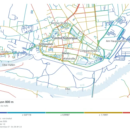 Réseau viaire du centre de Wittenberg près de l’Elbe, coloré en cinq classes selon l’intégration spatiale NAIN dans un rayon de 800 mètres