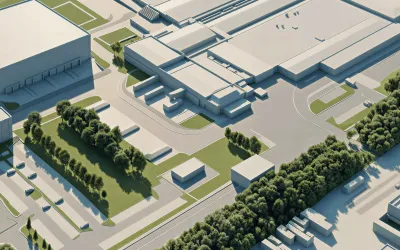 Aerial visualisation of halls and access roads for the Coca-Cola plant expansion in Halle (Saale)
