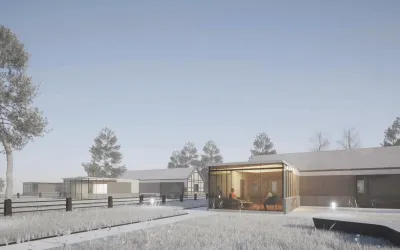 Visualisation of the Holzmarkt design, showing a house and glazed living area