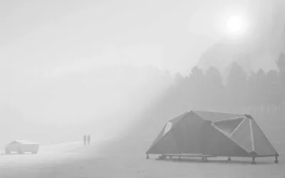 Visualisation of Microhome M1 as a compact living module in a misty landscape