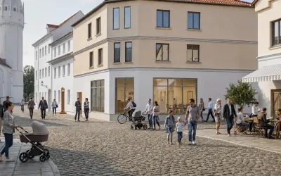 Visualisation du projet Forum Alte Canzley sur la Schlossplatz, avec des personnes dans l’espace public