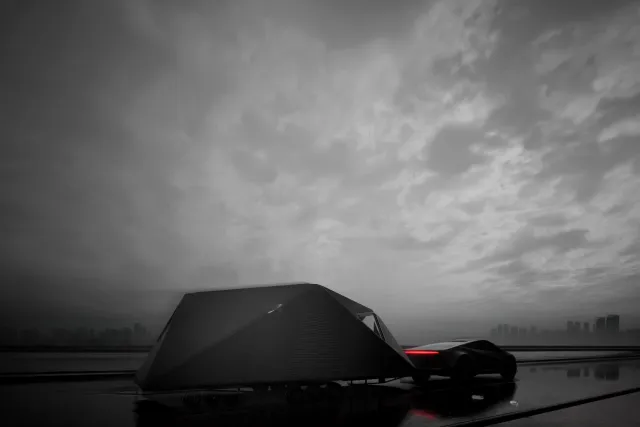 Visualisation of Microhome M1 on a trailer behind a vehicle