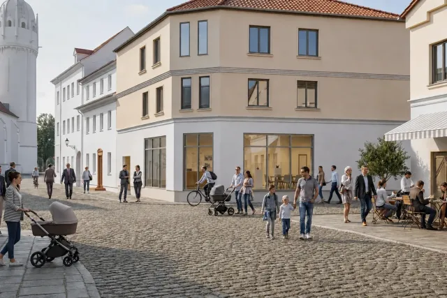 Visualización del proyecto Forum Alte Canzley en Schlossplatz, con personas en el espacio público