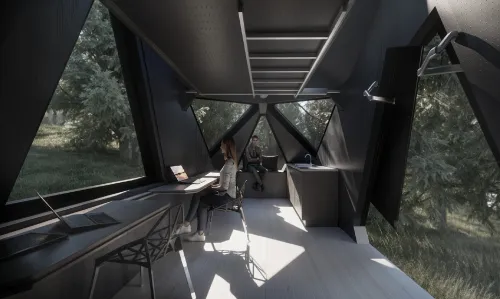 Visualización de Microhome M1 con zona de trabajo, área de estar y vistas a través de las aberturas laterales