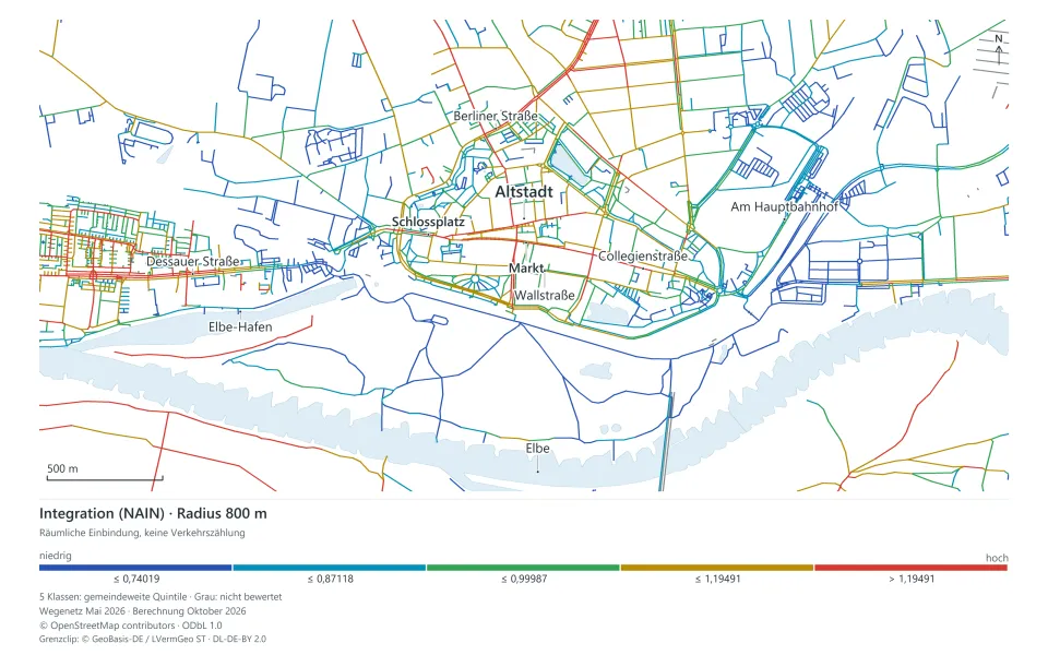 Wittenberger Altstadt und Elbe: tatsächliches Wegenetz nach räumlicher Einbindung im Radius von 800 Metern eingefärbt.
